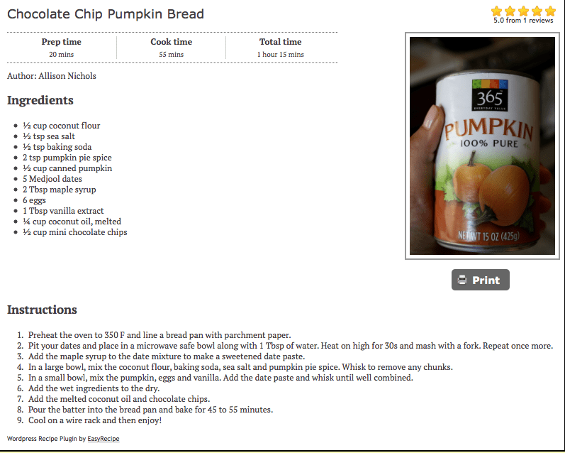 Pumpkin Chocolate Chip Bread- Paleo 